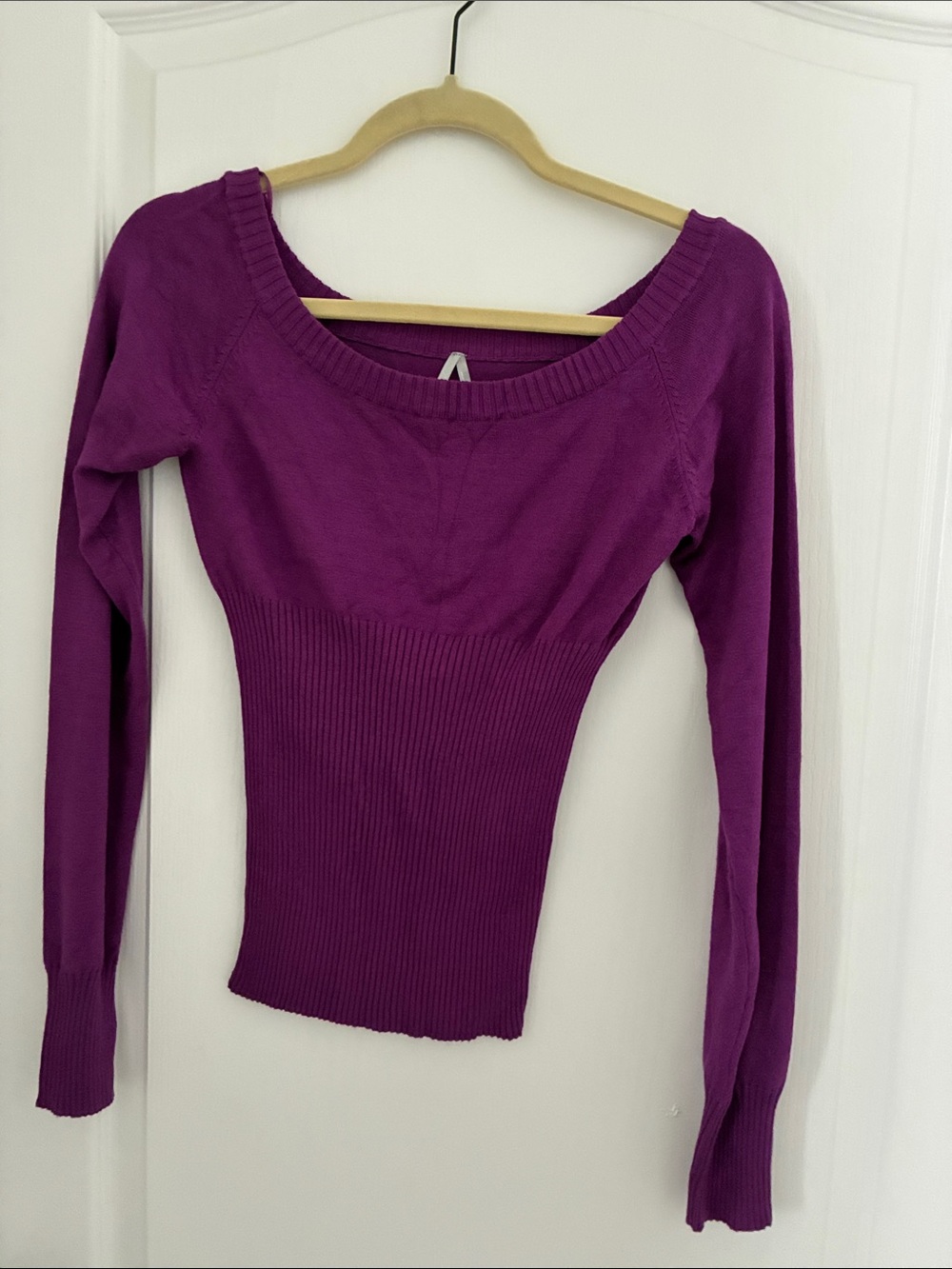 Max Studio Ribbed Waist Scoop Neck Long Sleeve Top - Plum